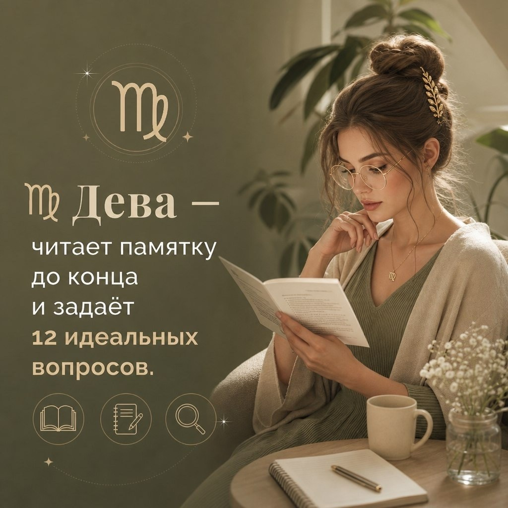 Дева и моментальный загар — девушка изучает рекомендации перед процедурой, иллюстрация для статьи о знаках зодиака и моментальном загаре BRONZA. Дева — подходит к моментальному загару основательно: изучает рекомендации, уточняет детали и хочет заранее знать всё о подготовке, оттенке и уходе после процедуры.