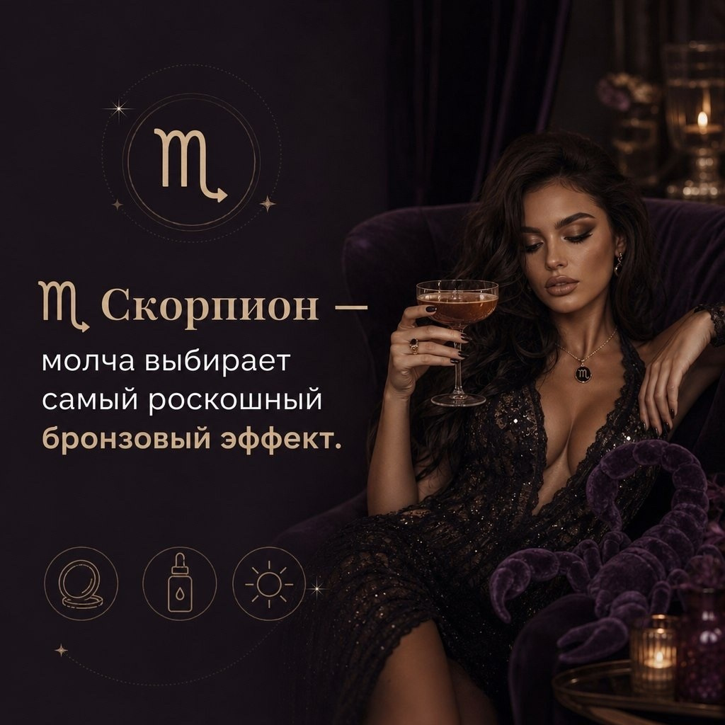 Скорпион с насыщенным бронзовым загаром — иллюстрация для статьи о знаках зодиака и моментальном загаре BRONZA. Скорпион — выбирает глубокий, выразительный бронзовый оттенок моментального загара и делает ставку на эффектный, насыщенный результат.