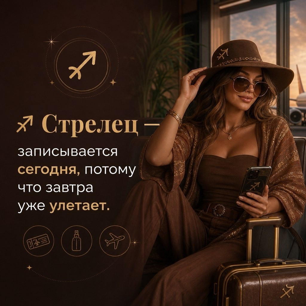 Стрелец перед отпуском выбирает моментальный загар — иллюстрация для статьи о знаках зодиака и моментальном загаре BRONZA. Стрелец — записывается на моментальный загар в последний момент перед поездкой, чтобы уже завтра отправиться в отпуск с красивым бронзовым оттенком кожи.