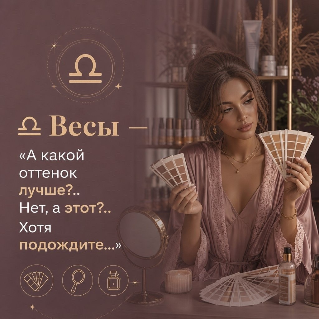 Весы выбирают оттенок для моментального загара — иллюстрация для статьи о знаках зодиака и моментальном загаре BRONZA. Весы — выбирают оттенок моментального загара особенно тщательно: сравнивают варианты и ищут тот самый баланс между мягким, естественным и выразительным результатом.