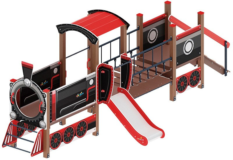 Паровозик (черный) - ДИК 1.03.5.02-02 - Игровой комплекс H=750                                                                                                                        Габариты (ШхДхВ): 6260x2320x2380                                                                                                                                                                     Зона безопасности, мм: 9260х5820                                                                                                                                                                         Скат горки: H=750 (металлический скат)