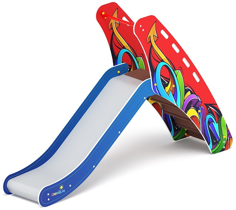 Горка малая - ИО 41.01.06-01 - (Граффити) H=900 Габариты (ШхДхВ): 570x2710x1700 Зона безопасности, мм: 3570х6210 Скат горки: H=900 (металлический скат) Возрастные ограничения от 3 до 12 лет, весом не более 70 кг