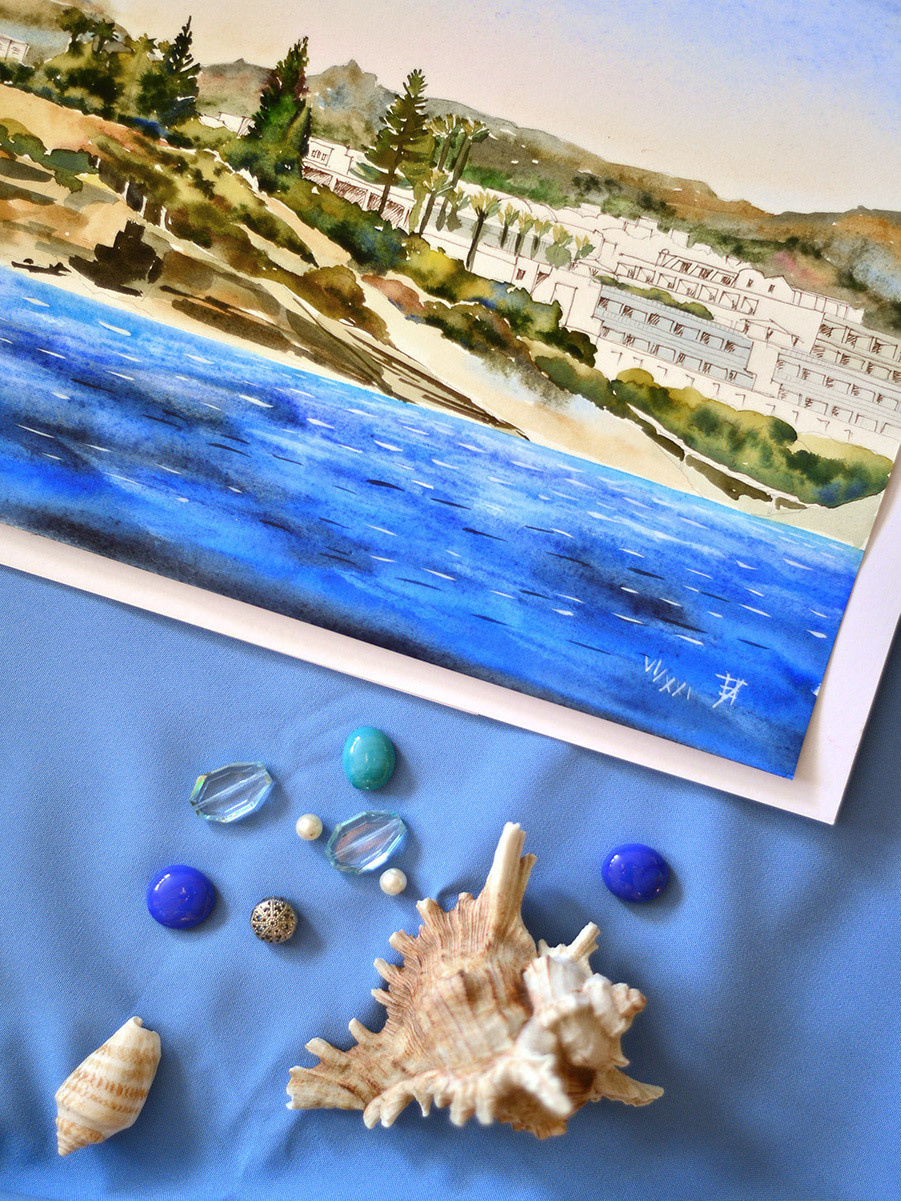 Вид с моря на остров Крит. ФотоКисточка. Акварель. Арт-галерея картин Анастасии Дерий