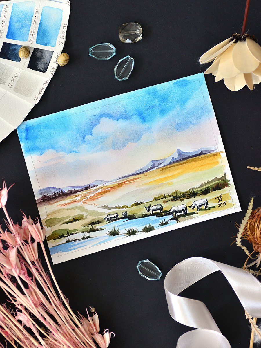 Летний день на реке. ФотоКисточка. Акварель. Арт-галерея картин Анастасии Дерий