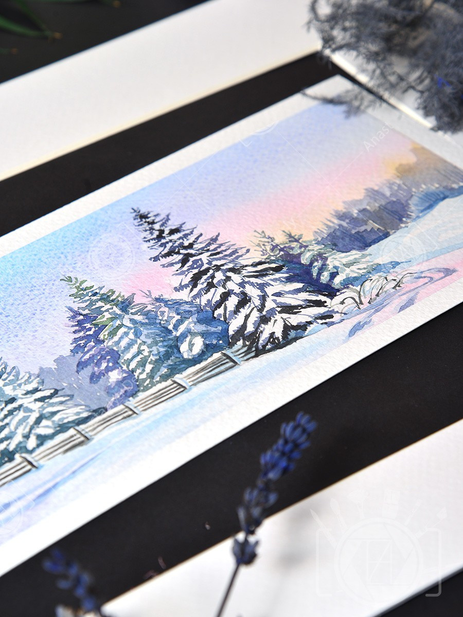 Заснеженный лес. Малые Корелы. ФотоКисточка. Акварель. Арт-галерея картин Анастасии Дерий