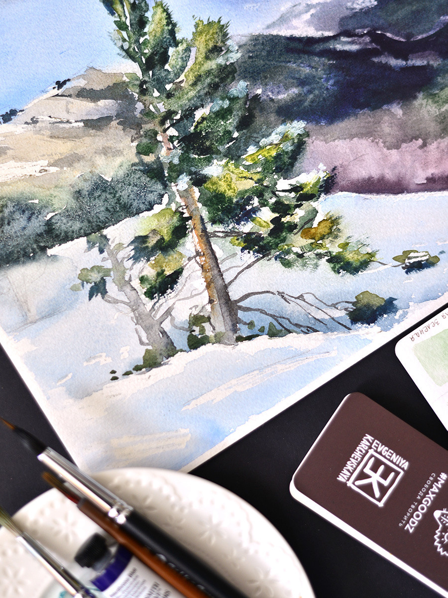 Одинокая сосна. ФотоКисточка. Акварель. Арт-галерея картин Анастасии Дерий