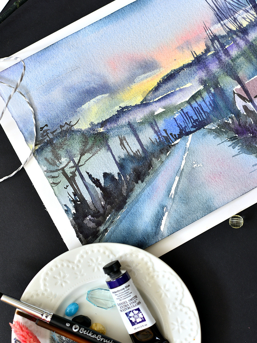 Вечерняя дорога. ФотоКисточка. Акварель. Арт-галерея картин Анастасии Дерий