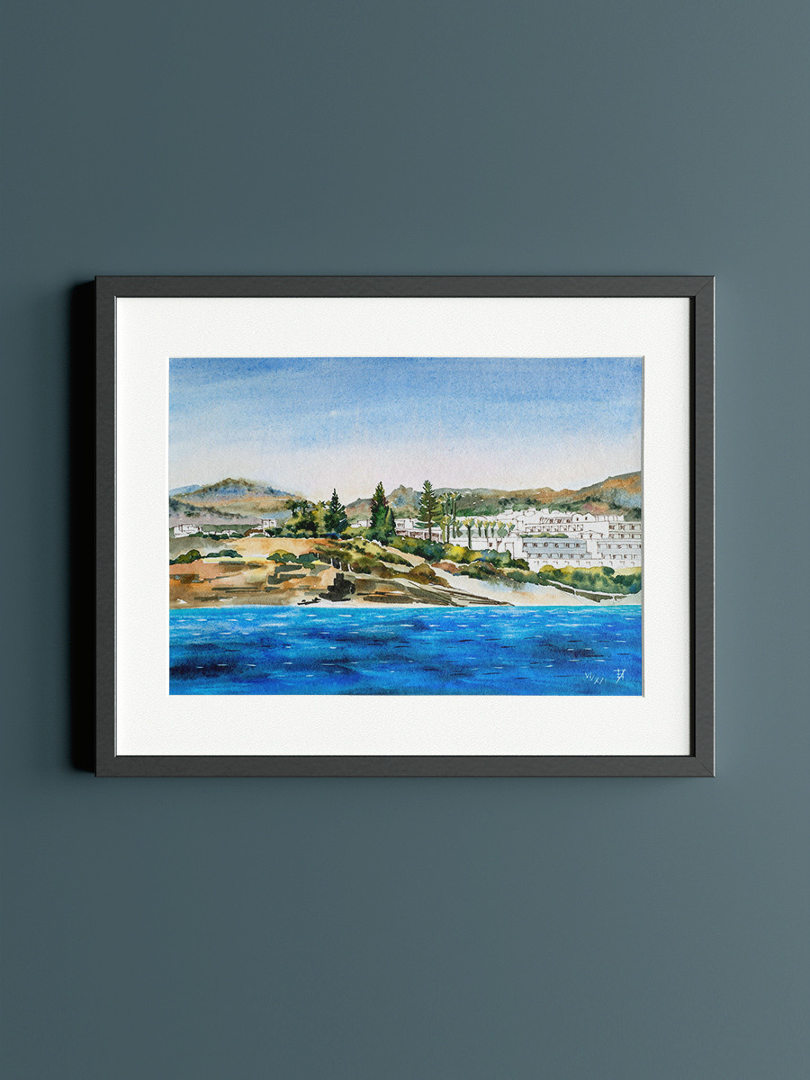 Вид с моря на остров Крит. ФотоКисточка. Акварель. Арт-галерея картин Анастасии Дерий