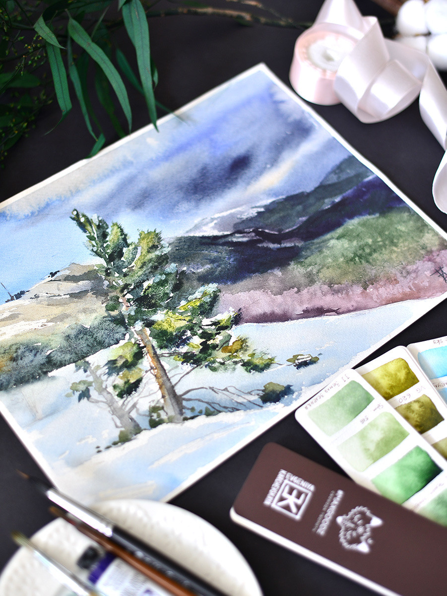 Одинокая сосна. ФотоКисточка. Акварель. Арт-галерея картин Анастасии Дерий