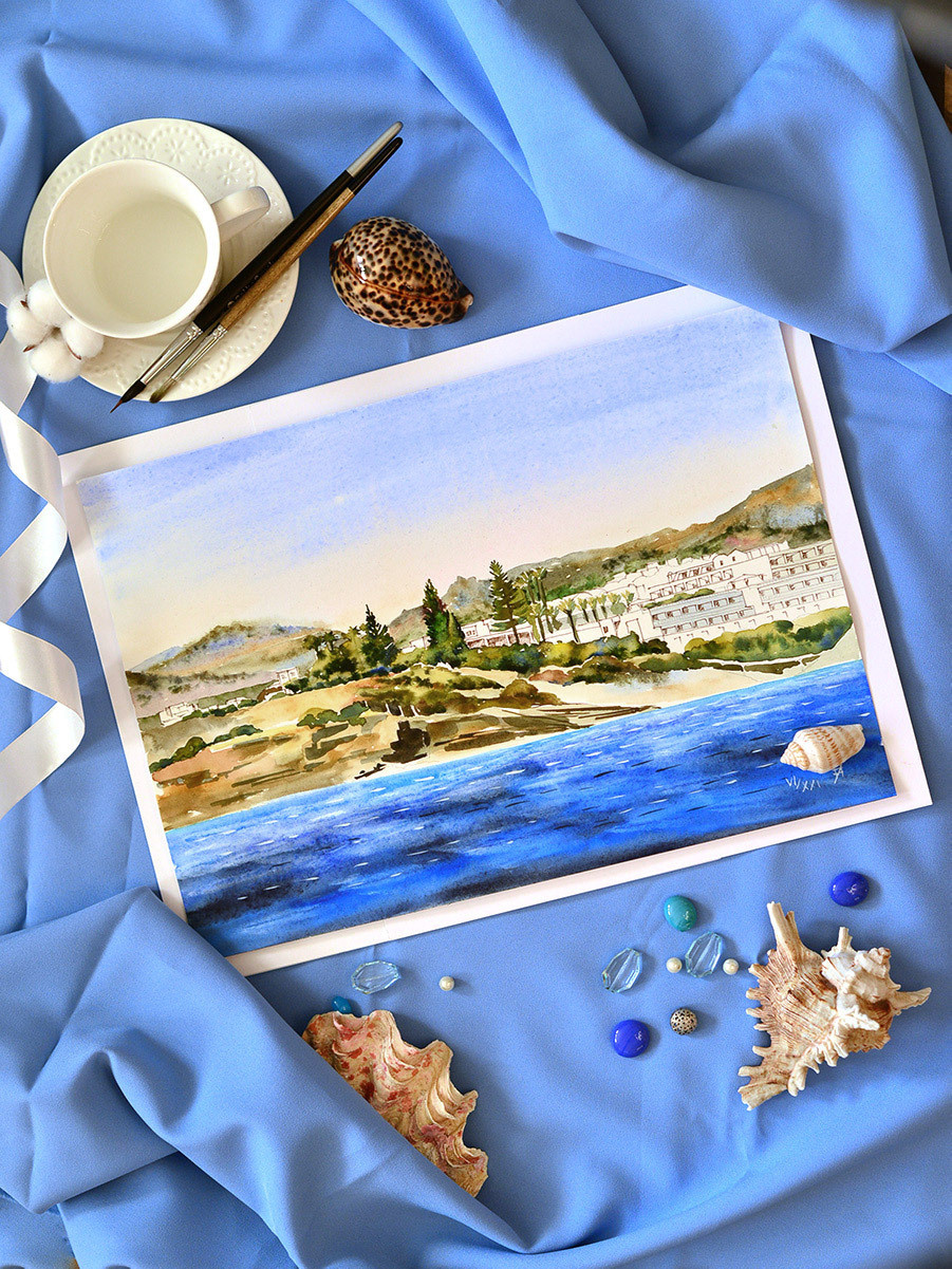 Вид с моря на остров Крит. ФотоКисточка. Акварель. Арт-галерея картин Анастасии Дерий