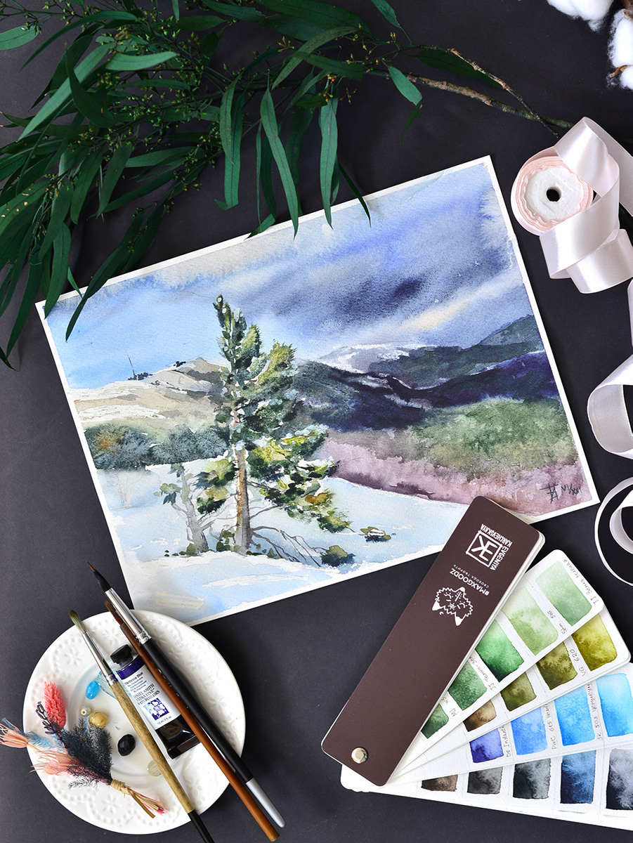 Одинокая сосна. ФотоКисточка. Акварель. Арт-галерея картин Анастасии Дерий