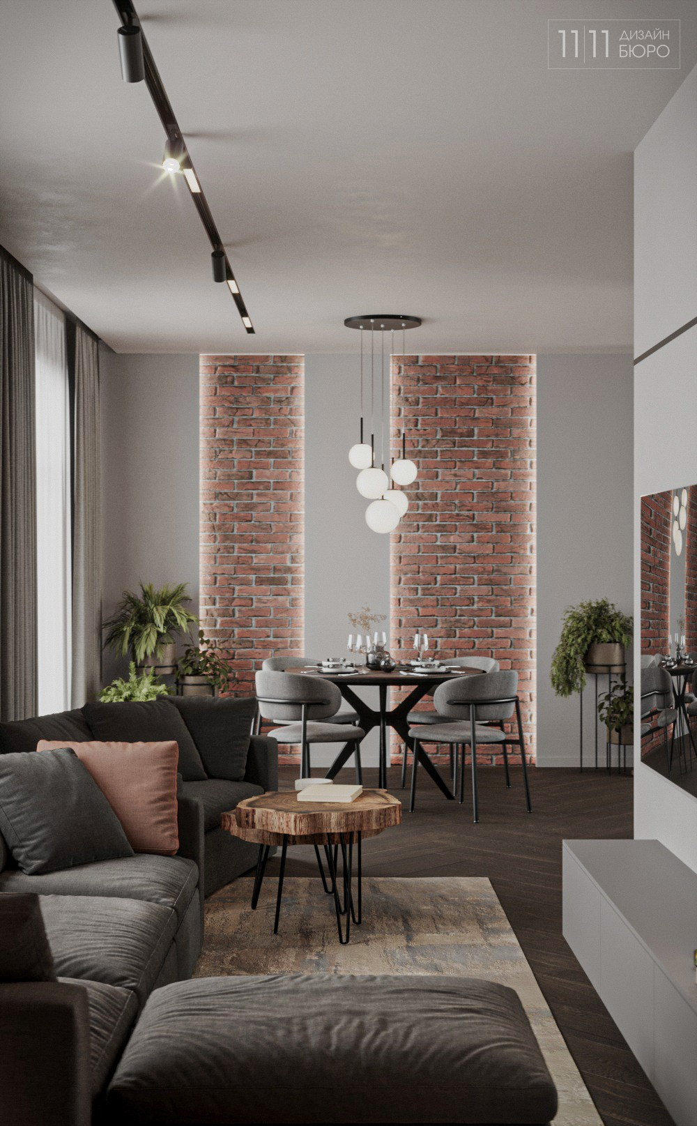 Интерьер столовой и гостиной с кирпичной стеной и подсветкой