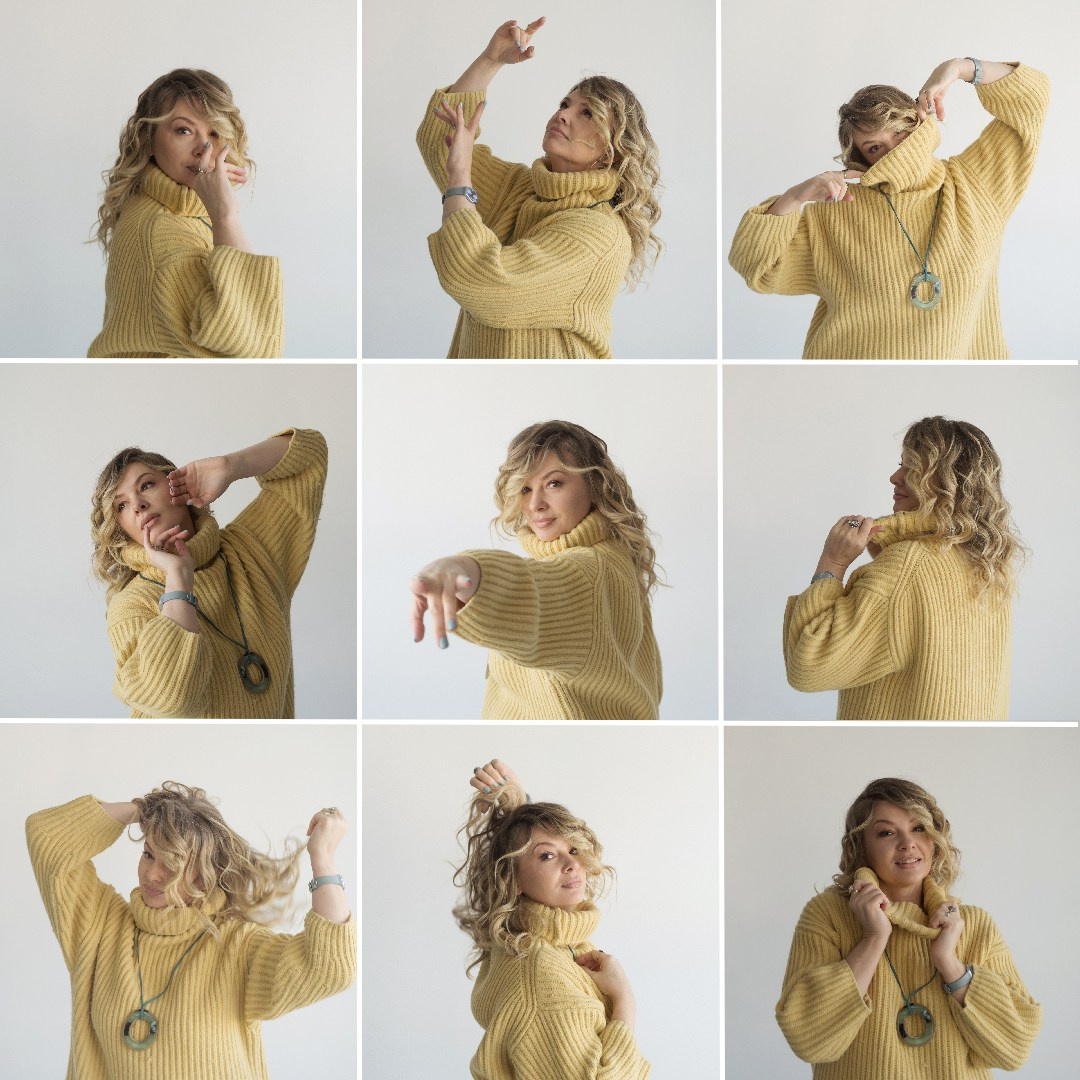 Коллаж из лиц. Блондинка в жёлтом свитере, поясные портреты на светлом фоне. Женский фотограф в Хабаровске.