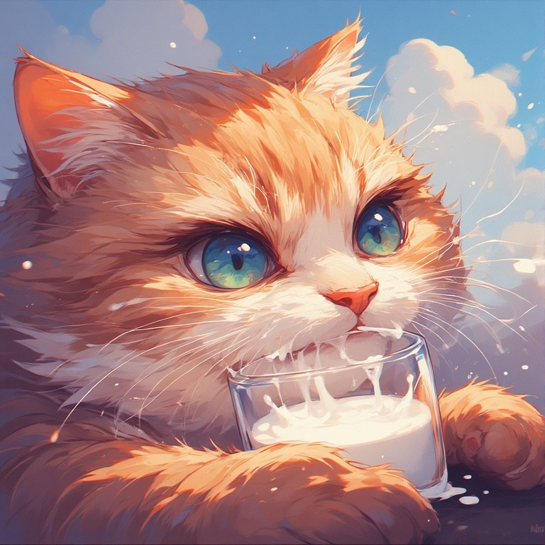 Cat with huge eyes and a glass of milk – cute cartoon drawing in warm pastel colors.
