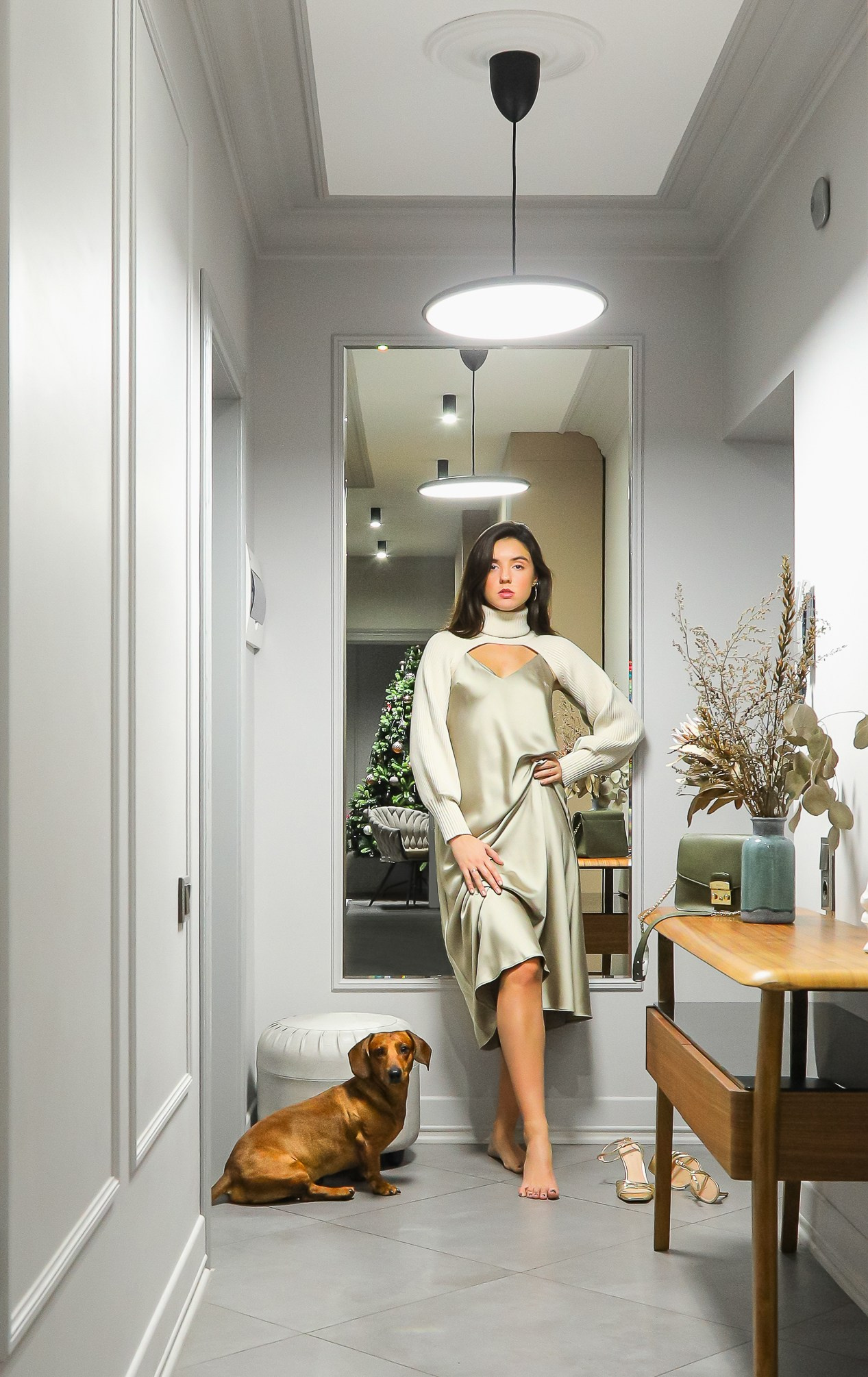 Хозяйка в ночной рубашке с собачкой таксой в прихожей.