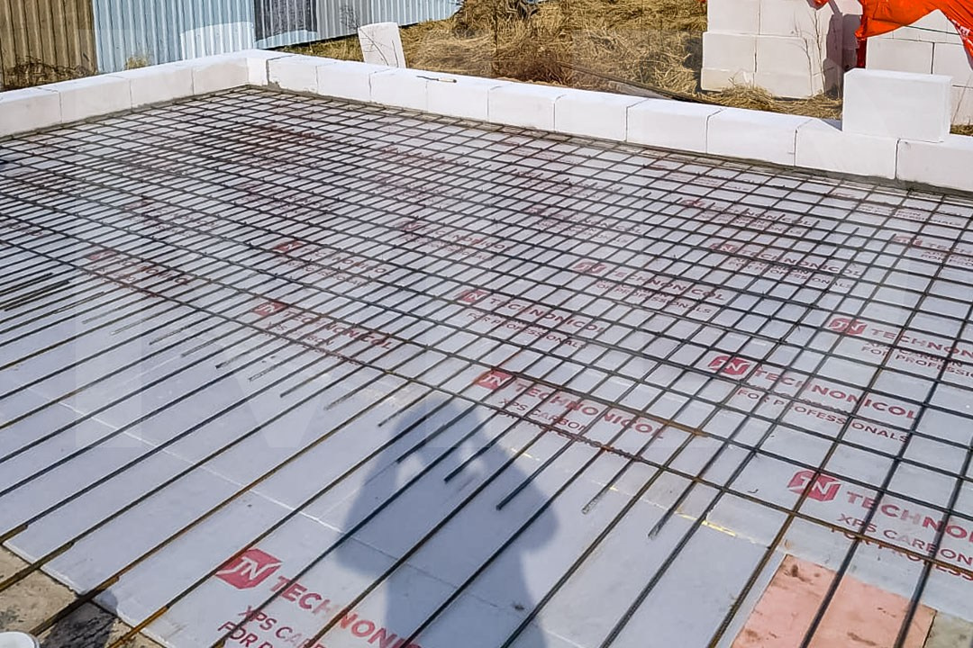 Арматурный каркас монолитного фундамента дома МД-003 в Чепелево 