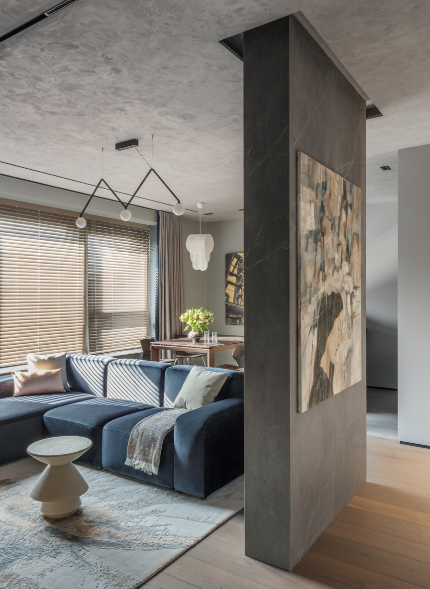 «Побег из мегаполиса», ЖК «Матч-Поинт», проект трехкомнатной квартиры, 104,6 кв. м., 2025 г. Алла Дулова — предметный и интерьерный дизайнер