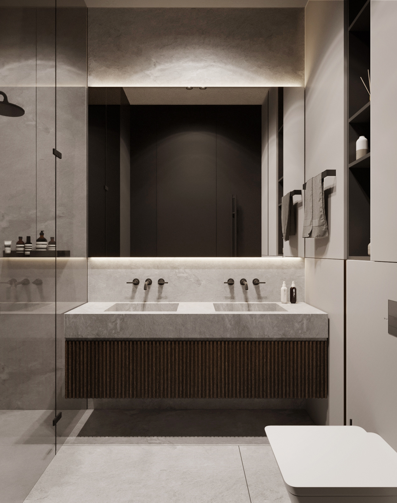 проект ванной комнаты, ванная с двумя раковинами, система хранения над инсталляцией, подсветка зеркала в ванной