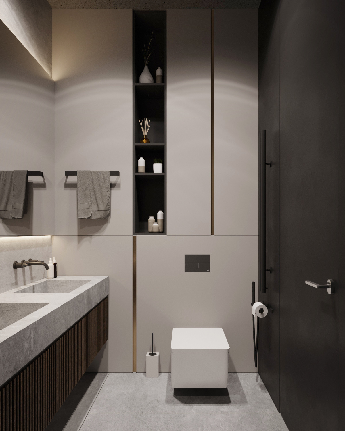 интерьер ванной, интерьер ванной в современном стиле, интерьер монохромный, дизайн ванной комнаты, дизайн санузла, хранение над инсталляцией, лаконичный дизайн