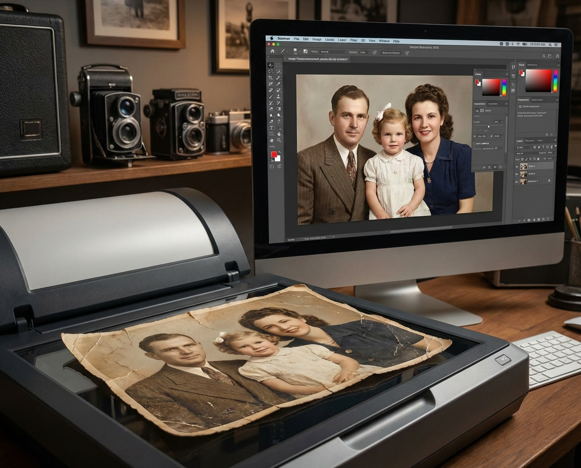 До и после реставрации старой семейной фотографии