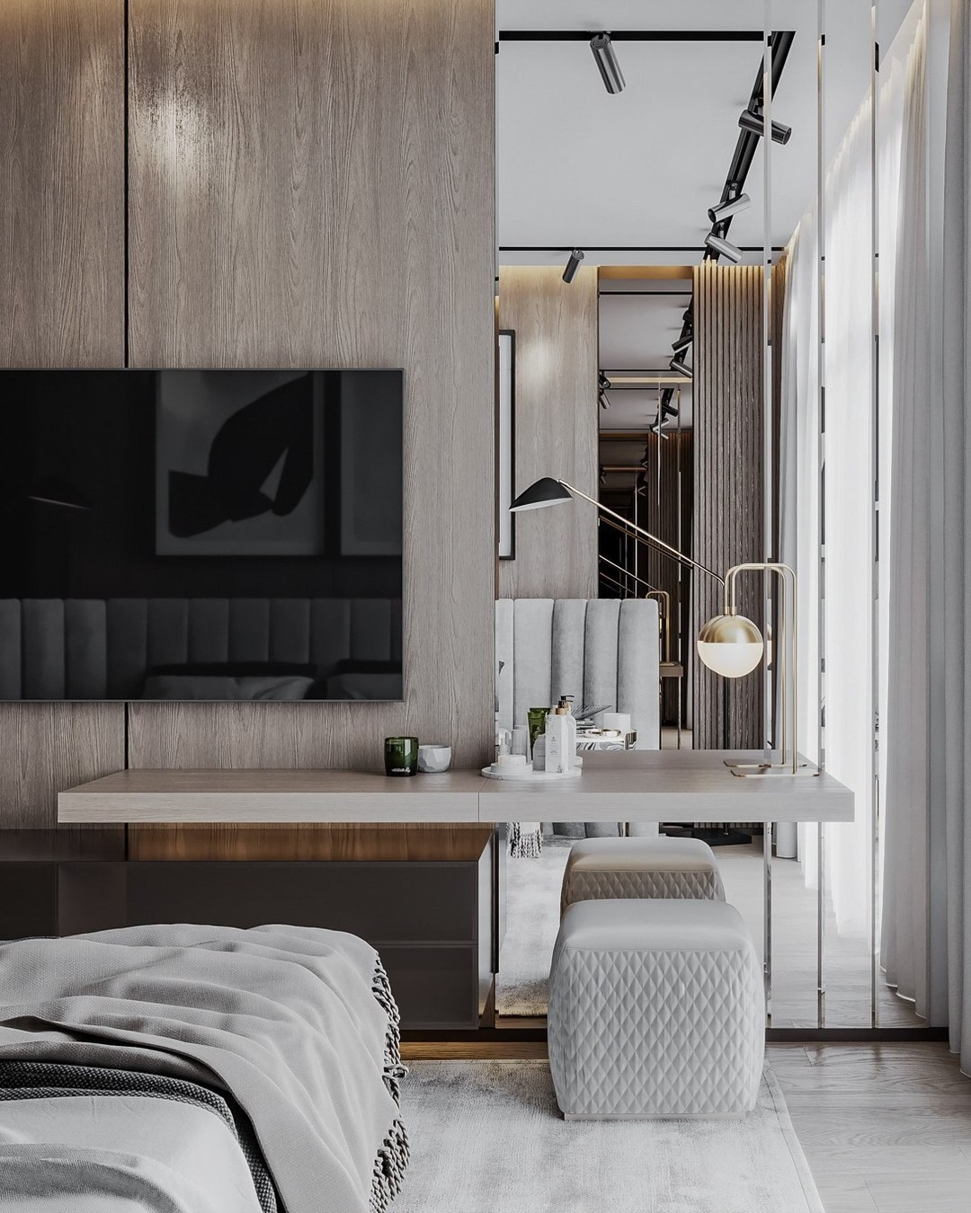 Спальня с туалетным столиком и зеркальной стеной, золотая лампа и мягкий пуф | Валерия Котович