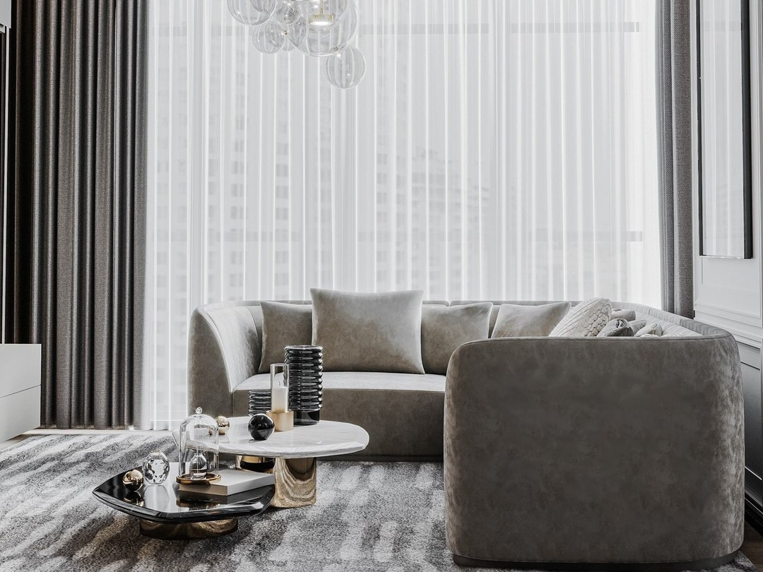 Современная гостиная с мягким диваном и журнальным столиком в серых тонах | Валерия Котович