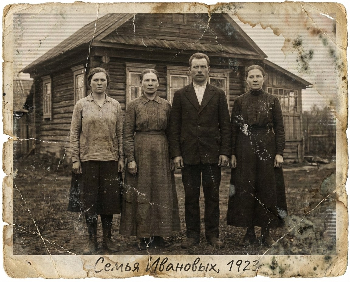 До реставрации — семейная фотография с повреждениями