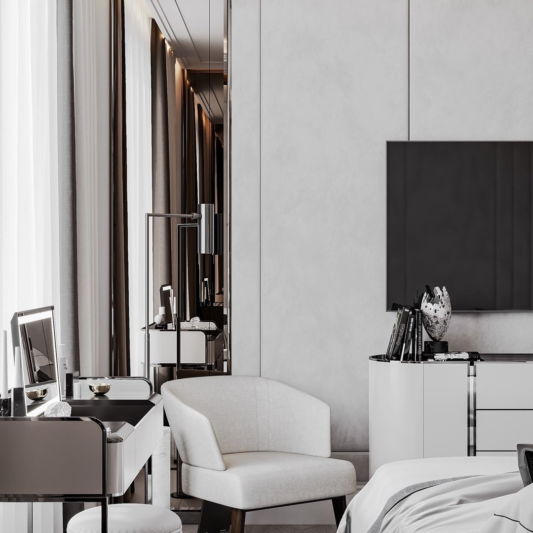 Спальня с туалетным столиком, креслом у окна и мягким освещением | Валерия Котович