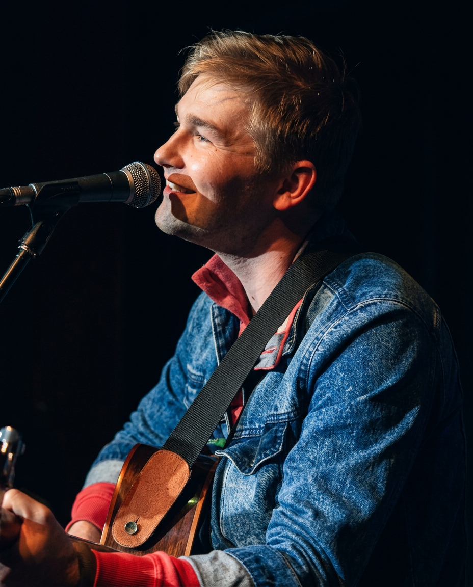 Портрет музыканта в профиль с гитарой у микрофона при искусственном свете