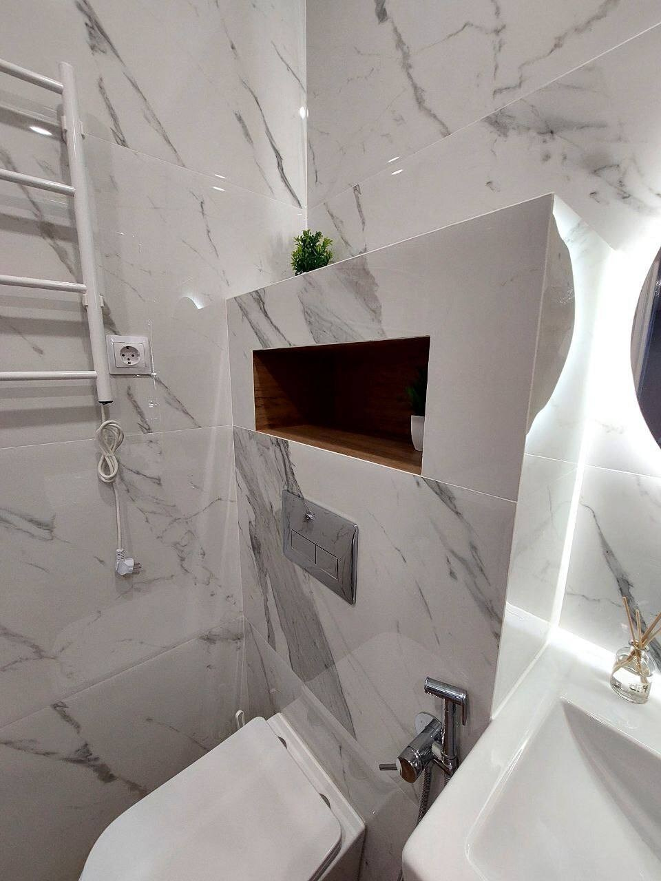 Ванная комната (ЖК Мечта, ул. Мансура Хасанова д. 13). Ремонт санузла, туалета, ванной под ключ в Казани. Укладка плитки