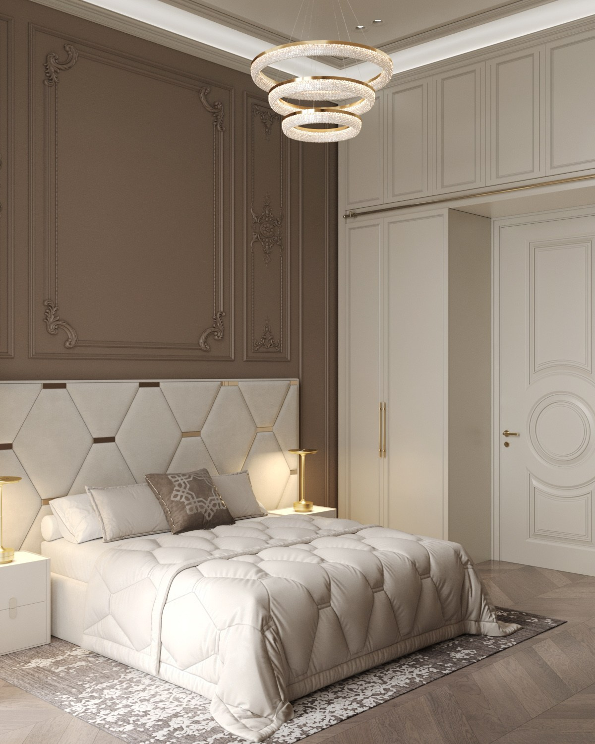 3D-визуализация спальни с мягким геометрическим изголовьем кровати и декоративными панелями на стене 