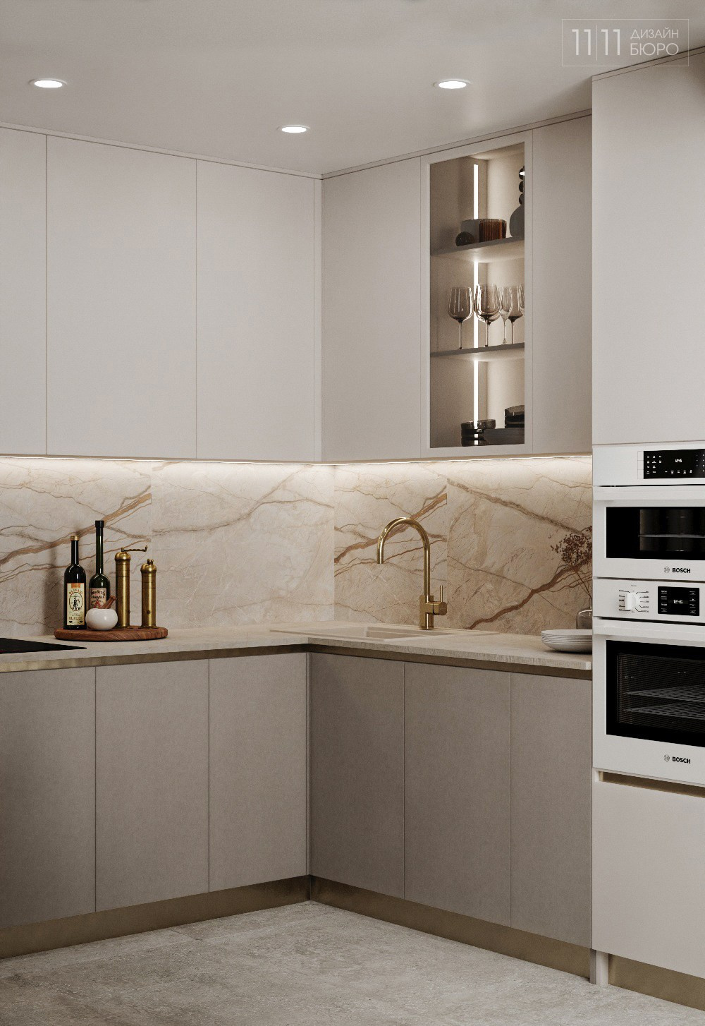 Маленькая бежевая светлая кухня