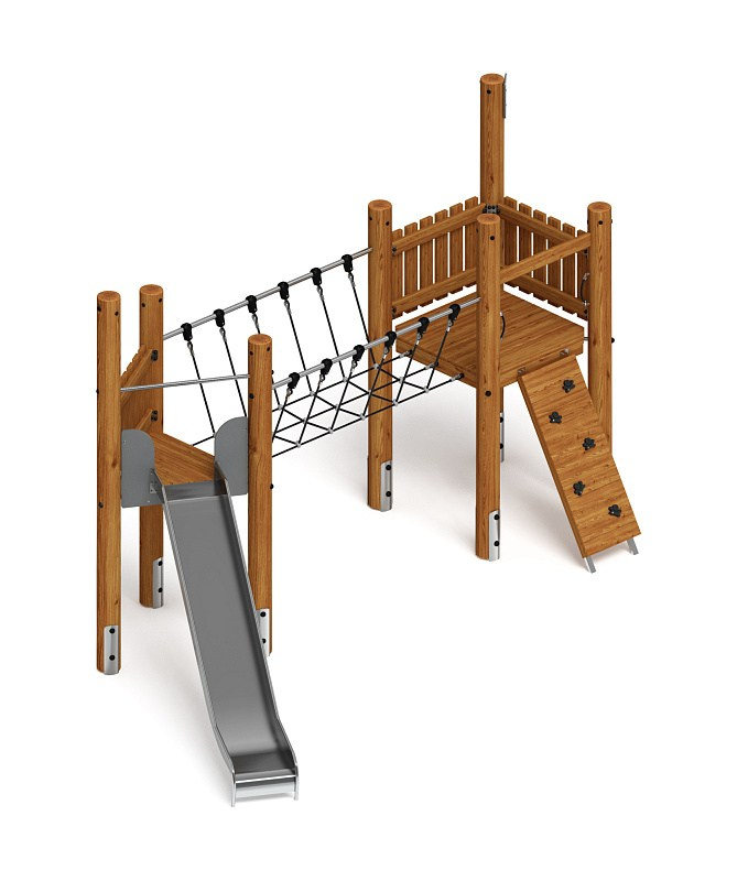 Игровой комплекс (лиственница темный) ДИК 2.24.05-Л.02.И1.01 Габариты (ШхДхВ): 5940х3500х3200 Зона безопасности, мм: 9440х7000 Высота падения 1500 мм. Возрастные ограничения от 5 до 12 лет.