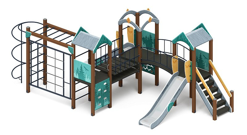 Городок (Тайга) - ДИК 2.01.3.02-03 - Игровой комплекс H=1200                                                                                                             Габариты (ШхДхВ): 3500x7570x3000                                                                                                                                                                      Зона безопасности, мм: 6600х10570                                                                                                                                                                                 Скат горки: H=1200 (металлический скат)