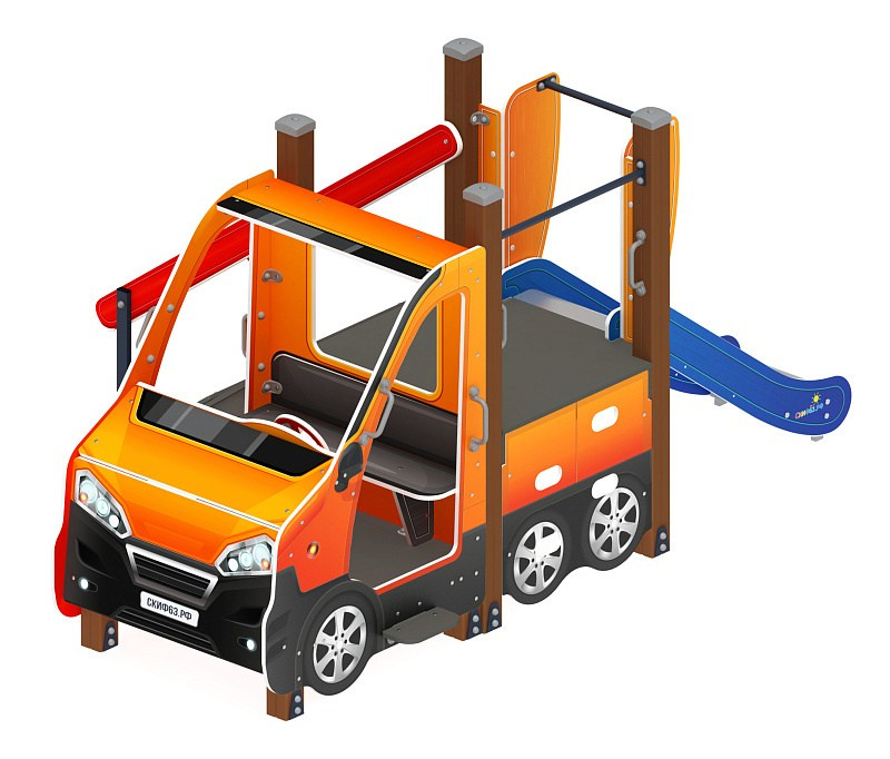 Машинка (оранжевый) тип 4 - ДИК 1.03.1.04-01 - Игровой комплекс H=750                                                                                       Габариты (ШхДхВ): 3460x2110x1700                                                                                                                                                                     Зона безопасности, мм: 6960х5110                                                                                                                                                                        Скат горки: H=750 (металлический скат)