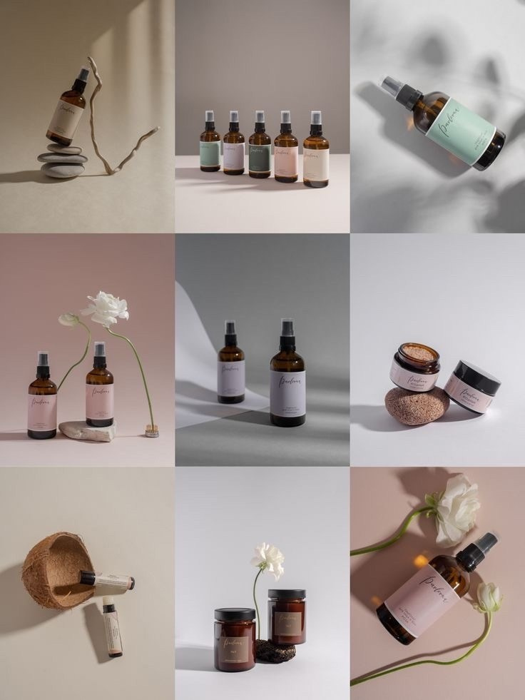 Коллаж фотографий косметических средств на разноцветных фонах