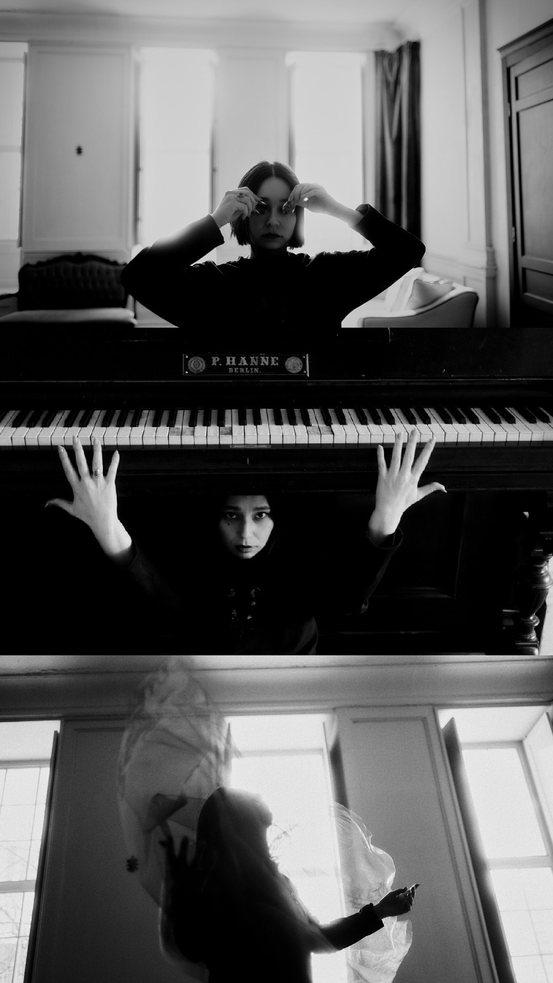 Триптих с пианино (ЧБ) | Черно-белый фотопортрет у пианино P.Hanne, студия Fineart Тюмень 