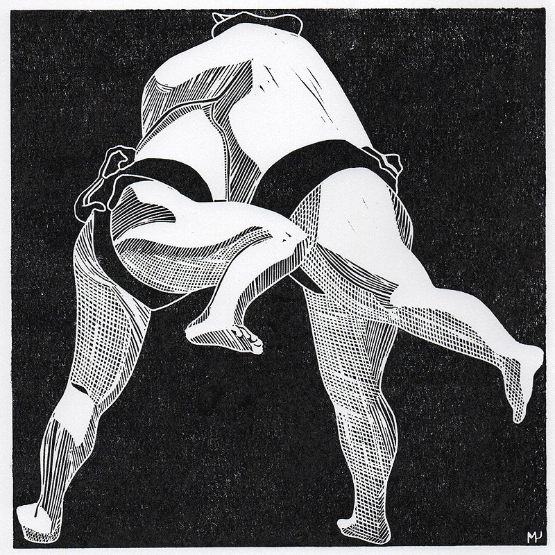 Серия линогравюр Grand Sumo Highlights  по мотивам турниров сумо. Авторская линогравюра, ручная печать на бумаге Ватман Гознак. 大相撲