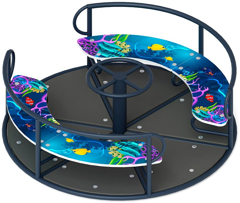 Карусель с рулем (Морской) - ИО 30.01.04-14.И1                                                                                                                                              Габариты (ШхДхВ): 1600х1600х700                                                                                                                                                                  Зона безопасности, мм: 5600х5600 D=5600                                                                                                                                           Возрастные ограничения весом не более 70 кг