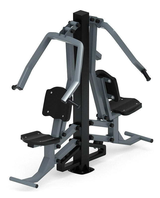 Жим от груди двойной (серый) - Уличный тренажер двойной - СТ 030-13.И1 Габариты (ШхДхВ): 1820х910х1700 Зона безопасности, мм: 3290х2000 Оборудование предназначено для подростков в возрасте от 14 лет и взрослых, весом не более 100 кг.