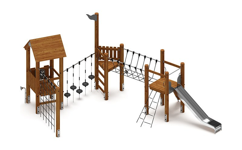 Игровой комплекс (лиственница темный ) ДИК 2.24.02-Л.И1.01 Габариты (ШхДхВ): 6200х8830х3900 Зона безопасности, мм: 9200х12330 Высота падения 1400 мм. Возрастные ограничения от 5 до 12 лет.