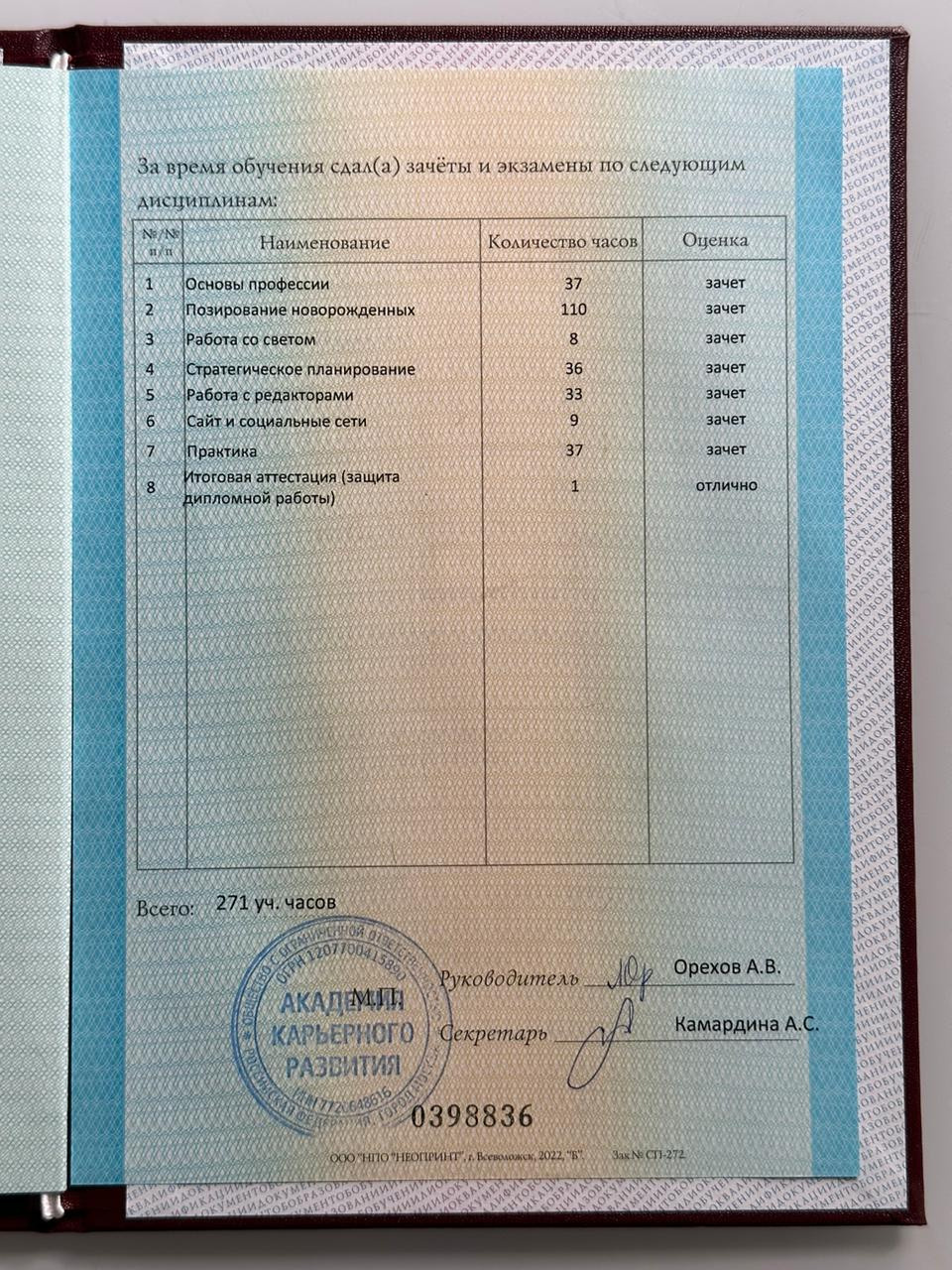 Диплом и сертификаты. Фотограф новорождённых в Новомосковске Яна Иванушкина