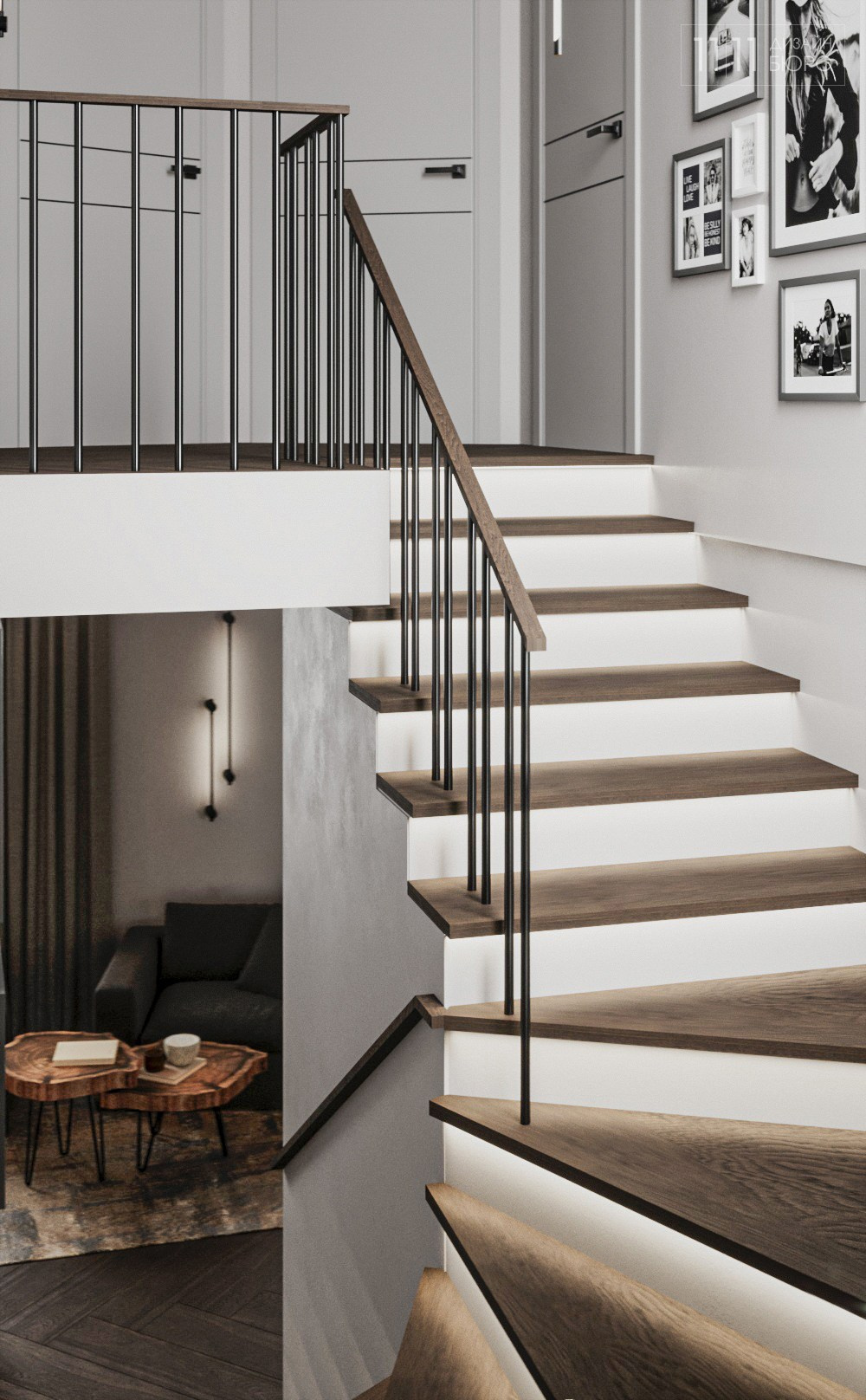 Лестница с подсветкой в частном доме, интерьер