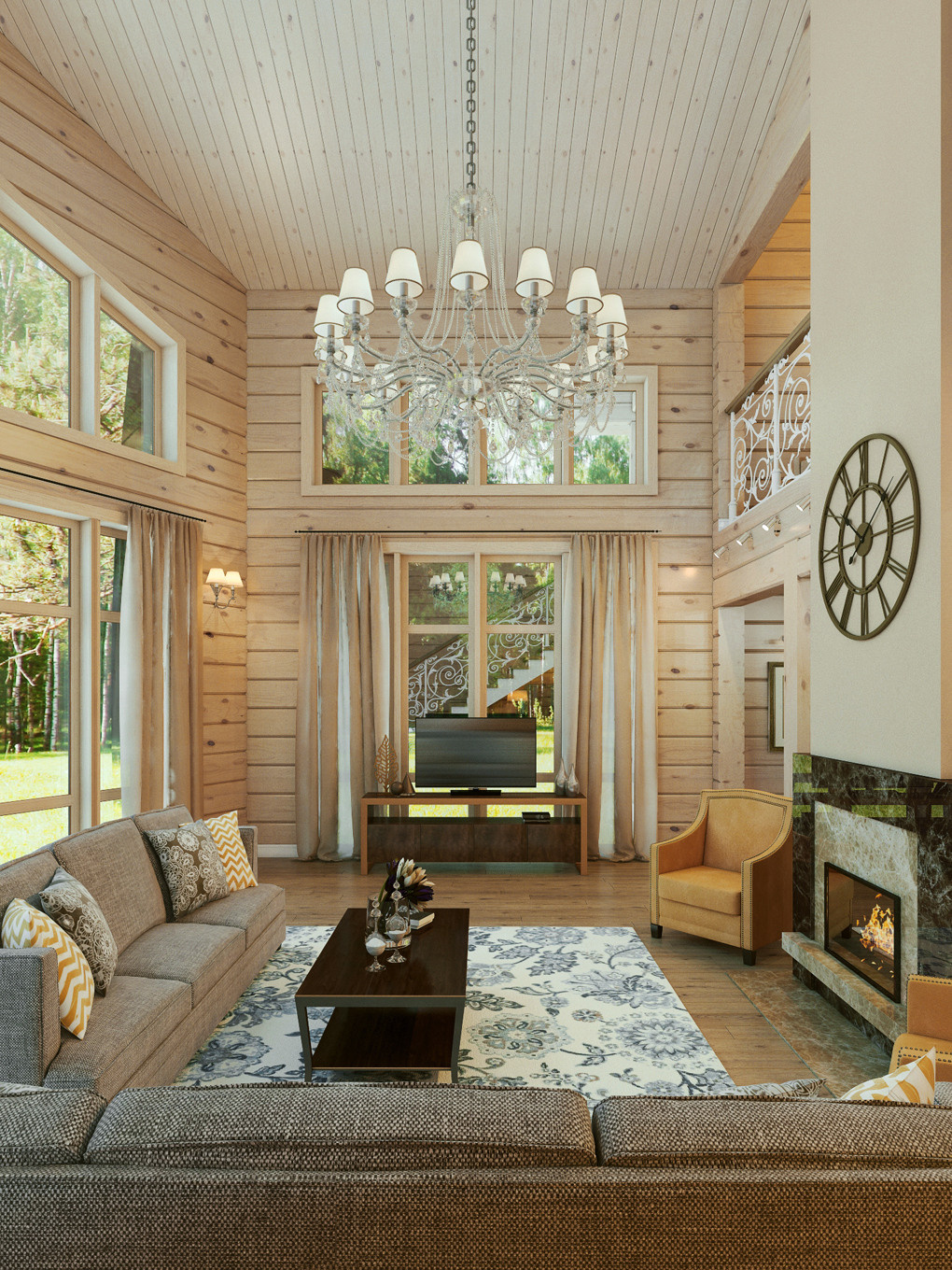 Интерьер деревянного дома в поселке Лес и река. Дизайн интерьера деревянных домов