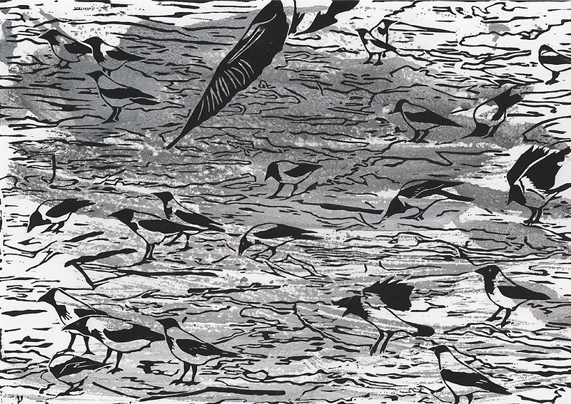 Авторская линогравюра с изображением ворон, пирующих весной на реке. Отпечаток на на бумаге Ватман Гознак, подкрашен вручную. Точный повтор невозможен.