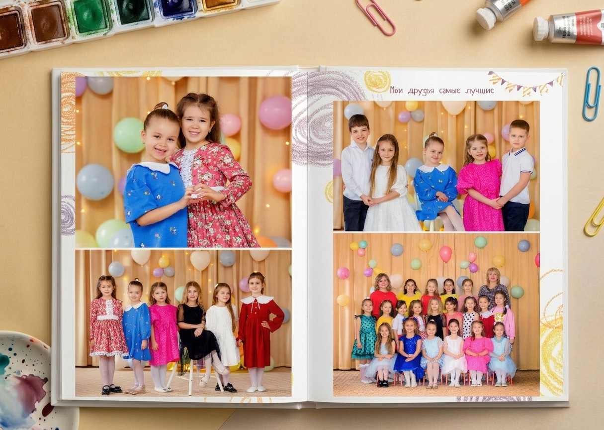 Развороты выпускного альбома с фотографиями детей и друзьями