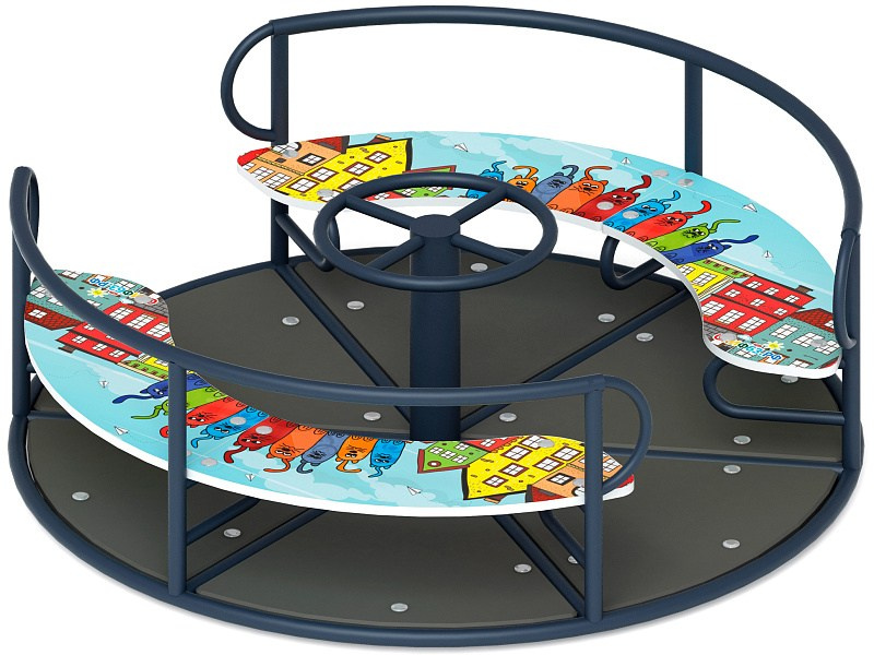 Карусель с рулем (Коты) - ИО 30.01.04-10.И1                                                                                                                                              Габариты (ШхДхВ): 1600х1600х700                                                                                                                                                                  Зона безопасности, мм: 5600х5600 D=5600                                                                                                                                           Возрастные ограничения весом не более 70 кг