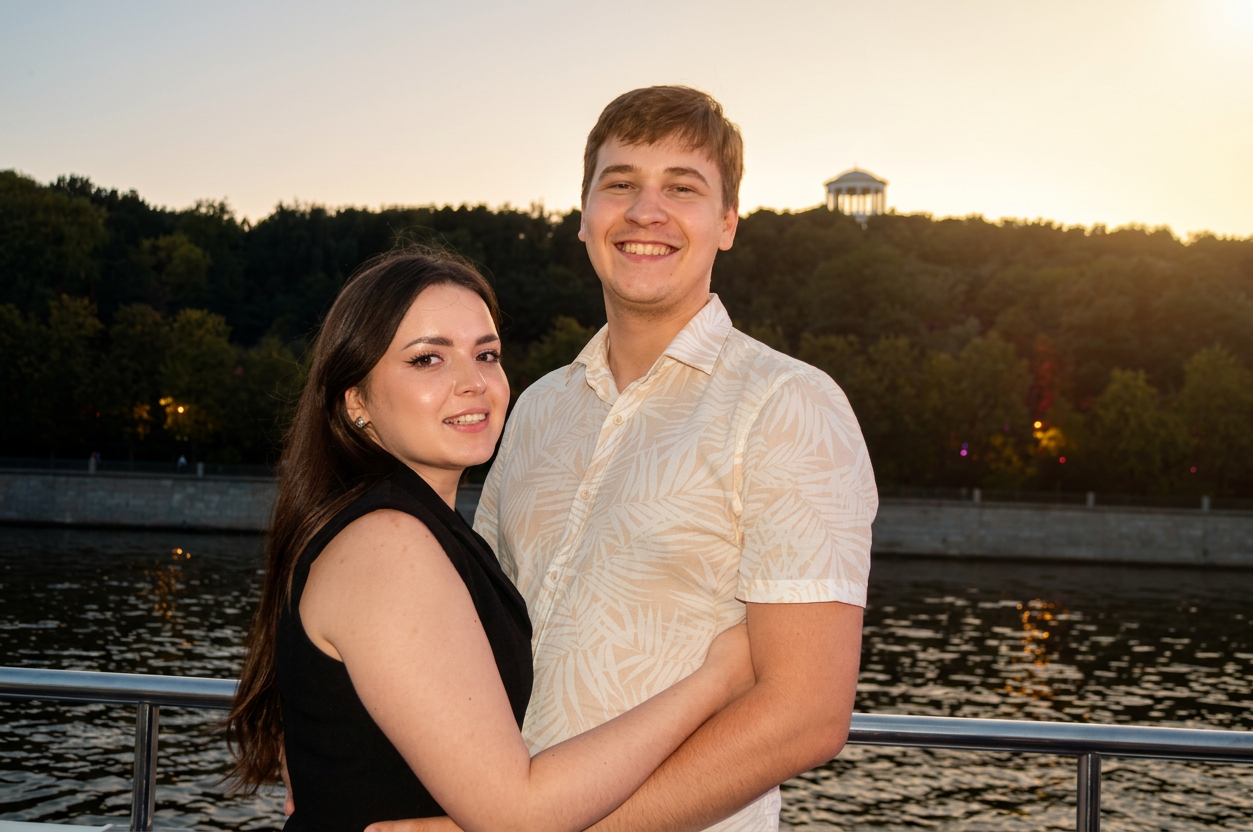 Туристический двойной портрет пары девушки и мужчины в вечернее время на теплоходе по Москве-реке