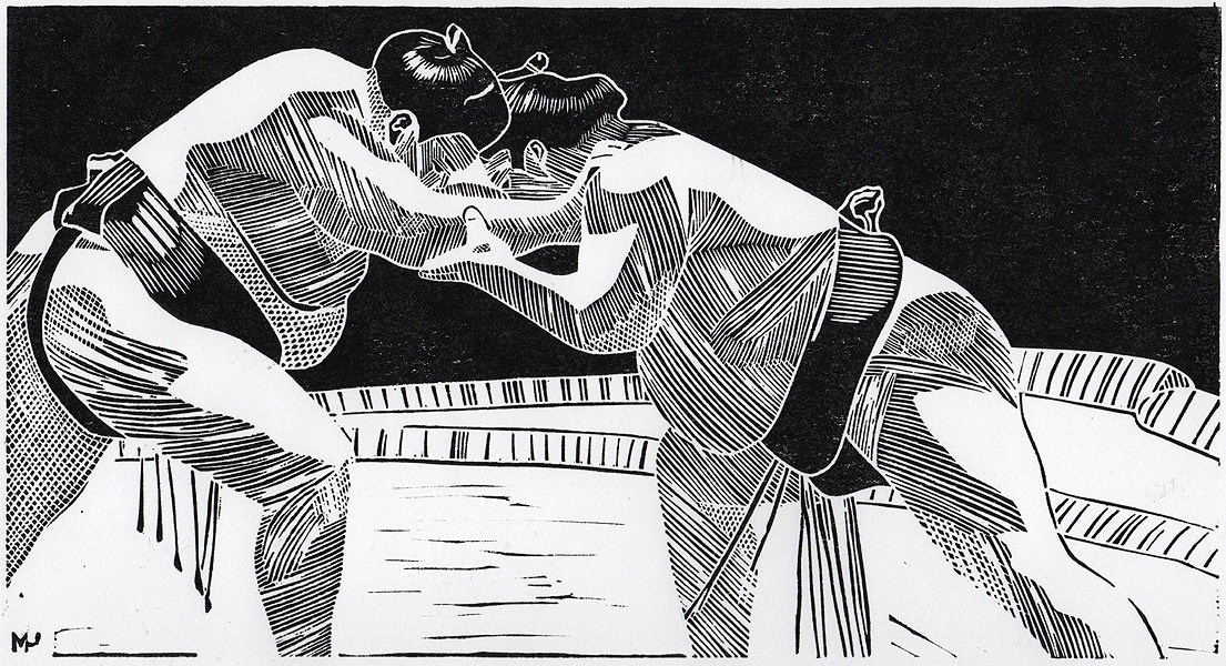 Серия линогравюр Grand Sumo Highlights  по мотивам турниров сумо. Авторская линогравюра, ручная печать на бумаге Ватман Гознак. 大相撲