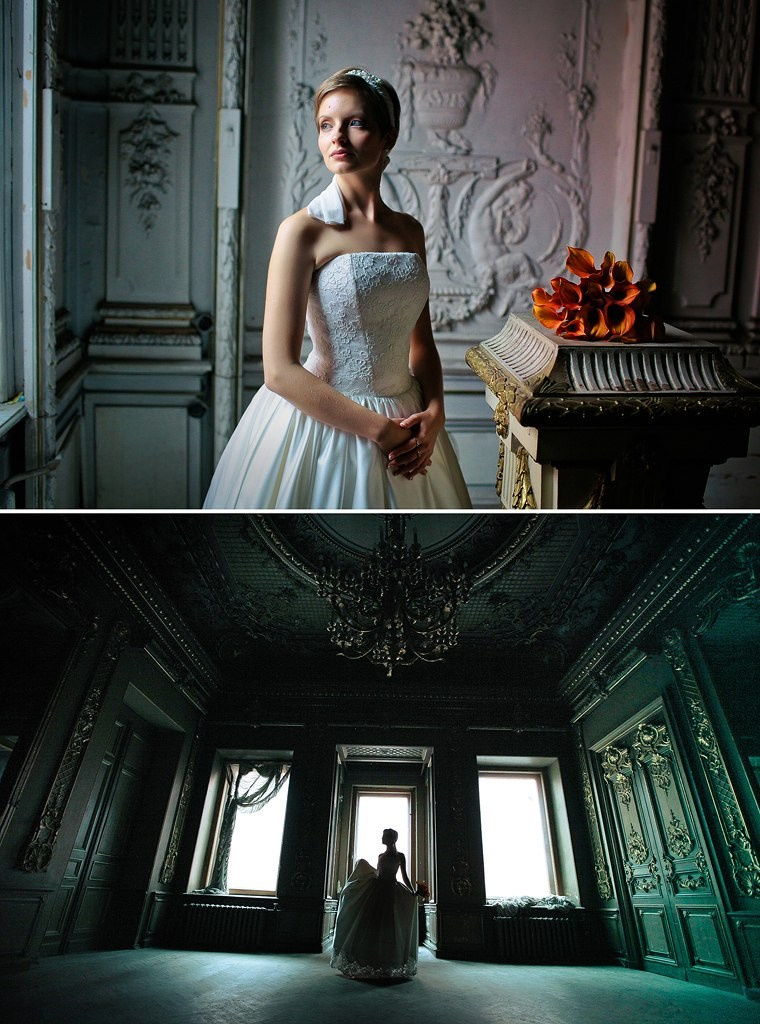 силуэт невесты в танцевальном зале особняка Брусницыных с оранжевыми каллами 